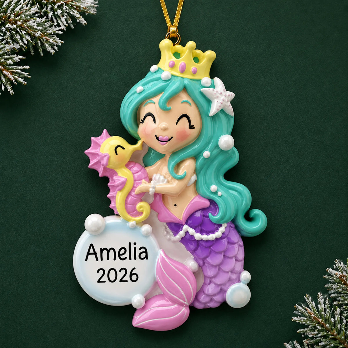 Personalized mermaid girl christmas ornament on a dark green pine background