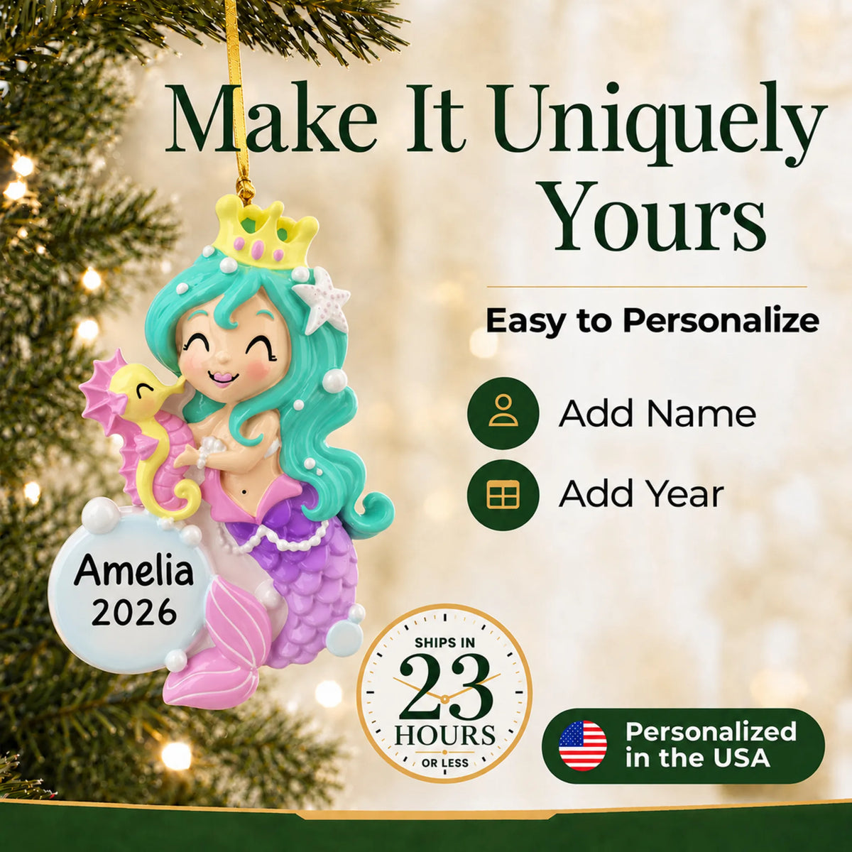 Make it yours: add name and year to the personalized mermaid girl christmas ornament