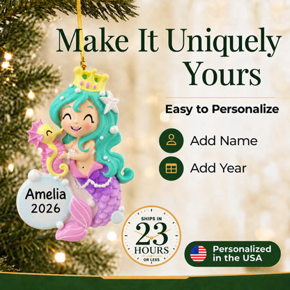 Make it yours: add name and year to the personalized mermaid girl christmas ornament