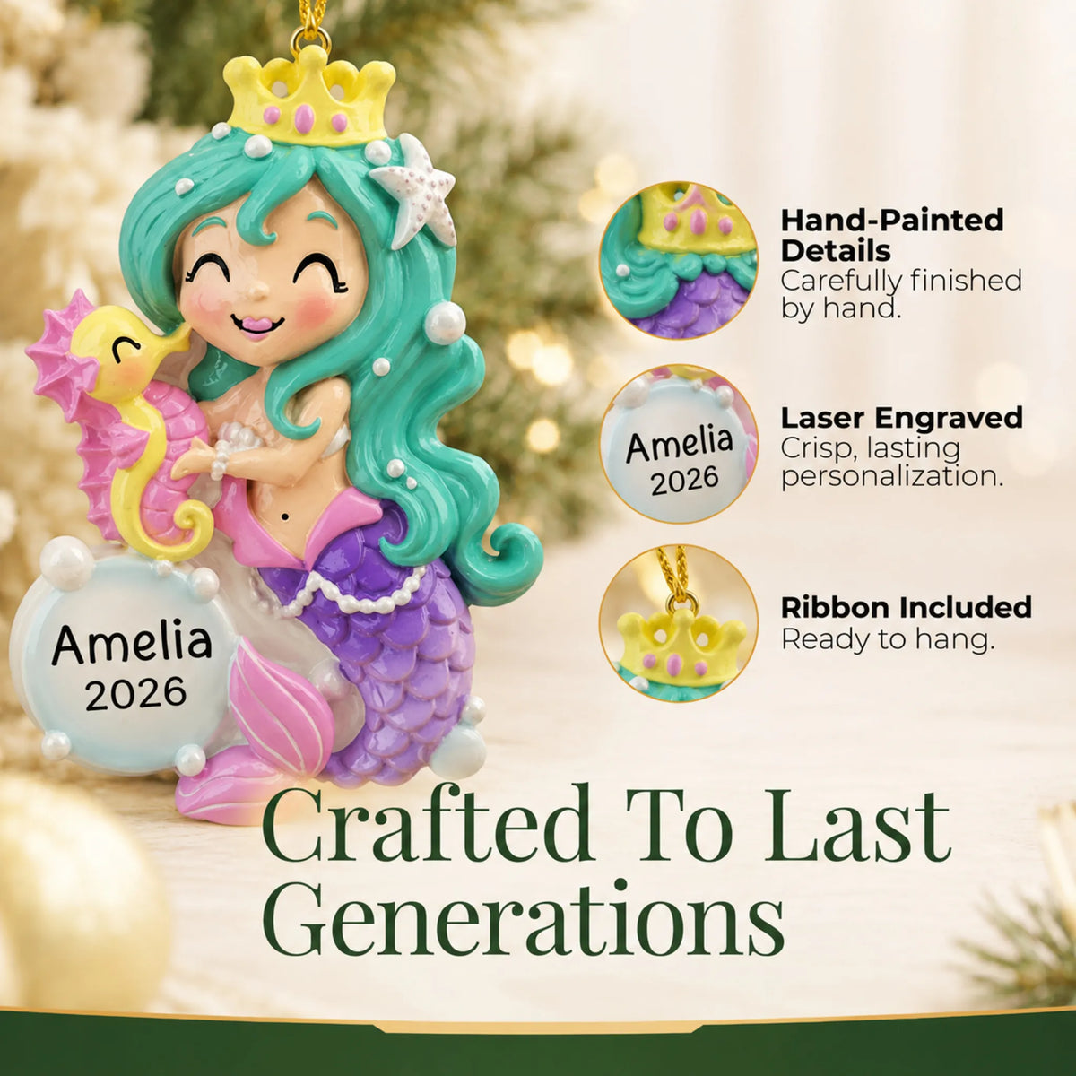 Hand-painted details and laser engraved personalization on the mermaid girl christmas ornament, ribbon included