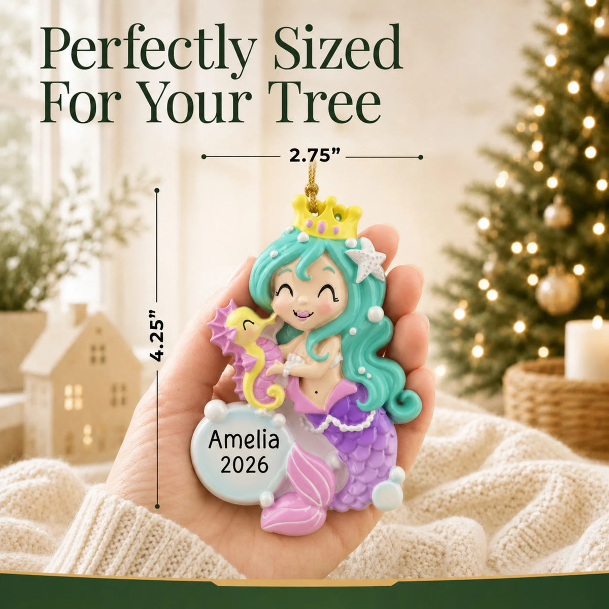 Size guide: the personalized mermaid girl christmas ornament is 2.75 in wide by 4.25 in tall, shown in hand