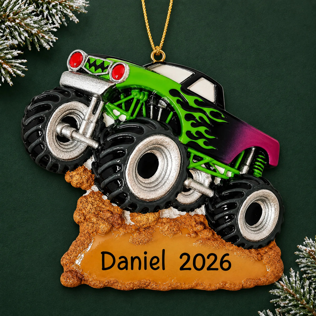 Personalized monster truck christmas ornament on a dark green pine background