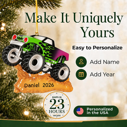 Make it yours: add name and year to the personalized monster truck christmas ornament