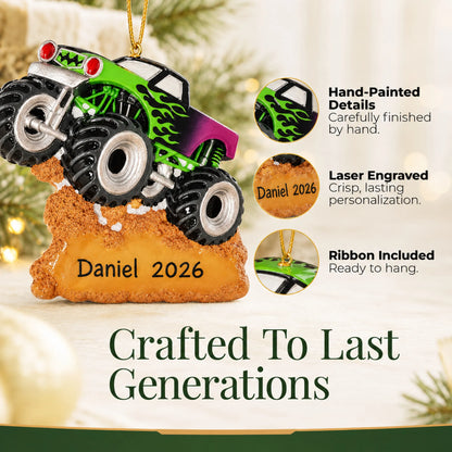 Hand-painted details and laser engraved personalization on the monster truck christmas ornament, ribbon included