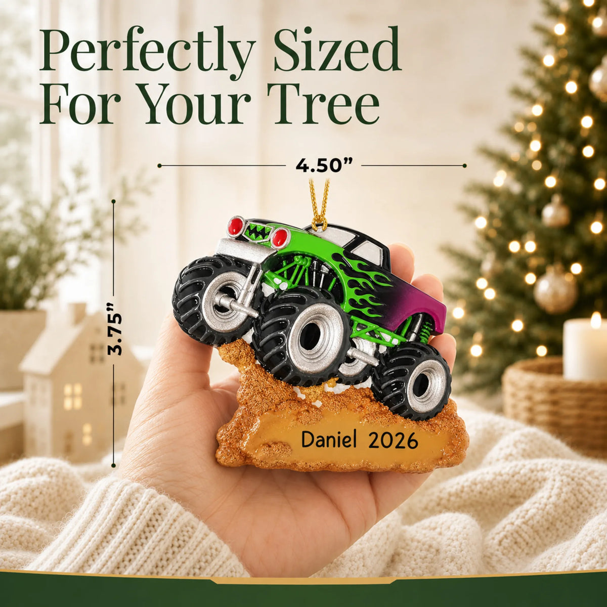 Size guide: the personalized monster truck christmas ornament is 4.50 in wide by 3.75 in tall, shown in hand