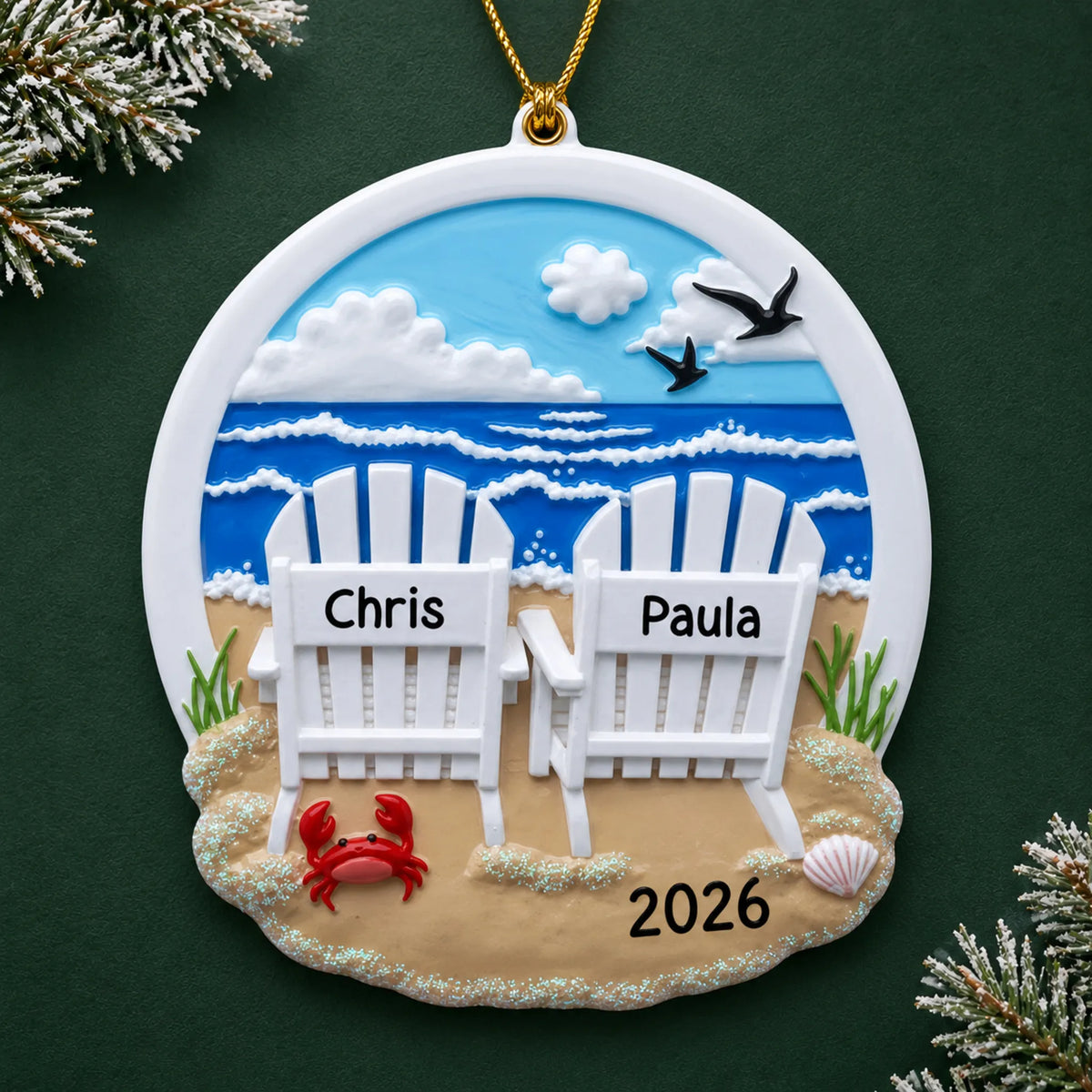 Personalized beach adirondack chair couple christmas ornament on a dark green pine background
