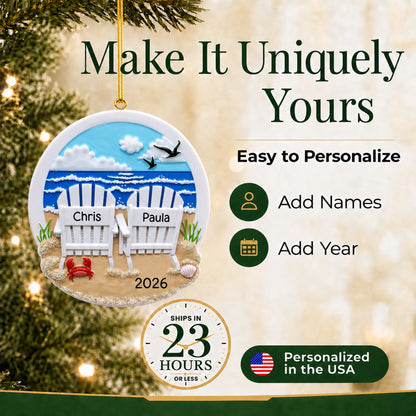 Make it yours: add names to the personalized beach adirondack chair couple christmas ornament