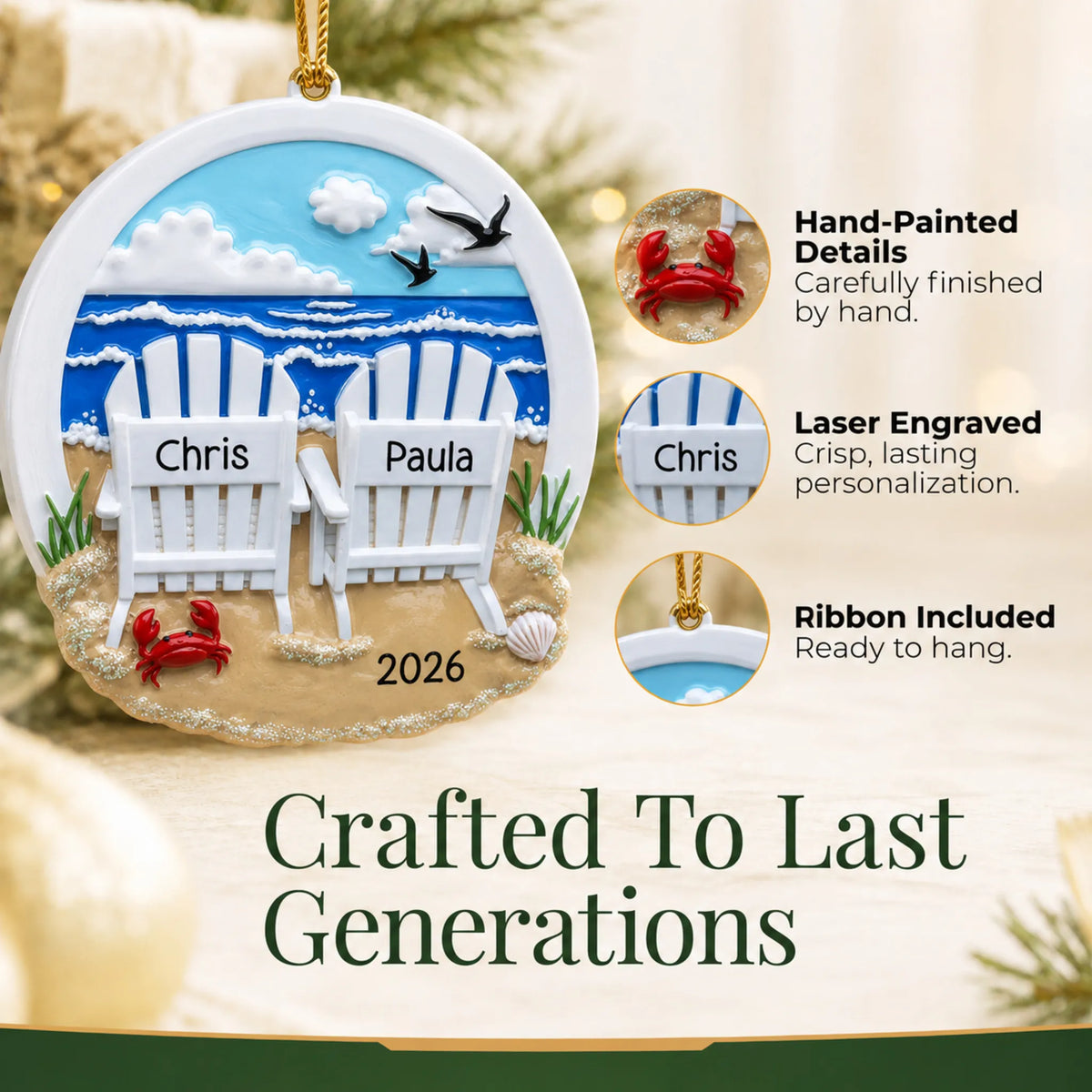 Hand-painted, laser engraved beach adirondack chair couple christmas ornament, ribbon included