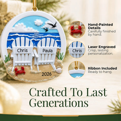 Hand-painted, laser engraved beach adirondack chair couple christmas ornament, ribbon included