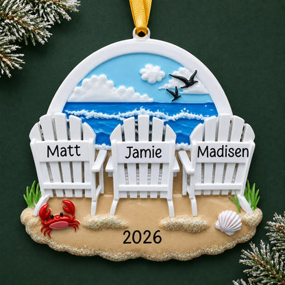 Personalized beach chair family of 3 christmas ornament on a dark green pine background