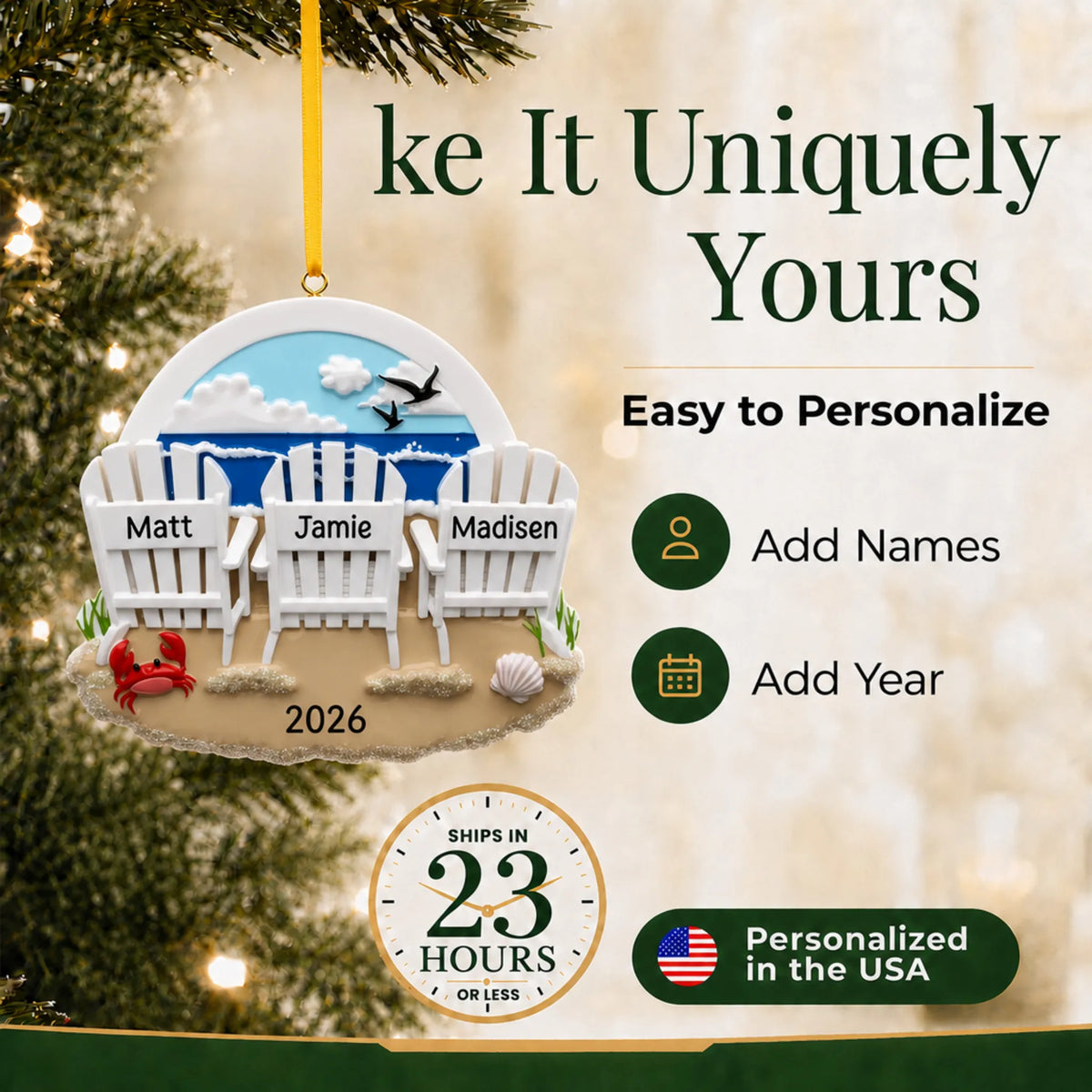 Make it yours: add names and year to the personalized beach chair family of 3 christmas ornament