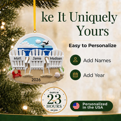 Make it yours: add names and year to the personalized beach chair family of 3 christmas ornament