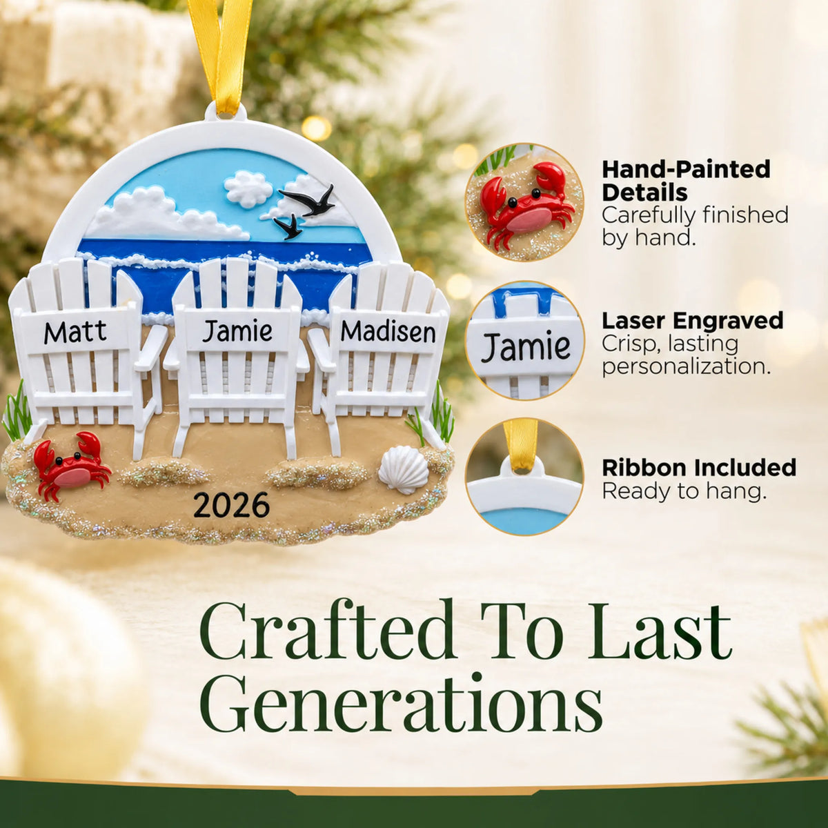 Hand-painted details and laser engraved personalization on the beach chair family of 3 christmas ornament, ribbon included