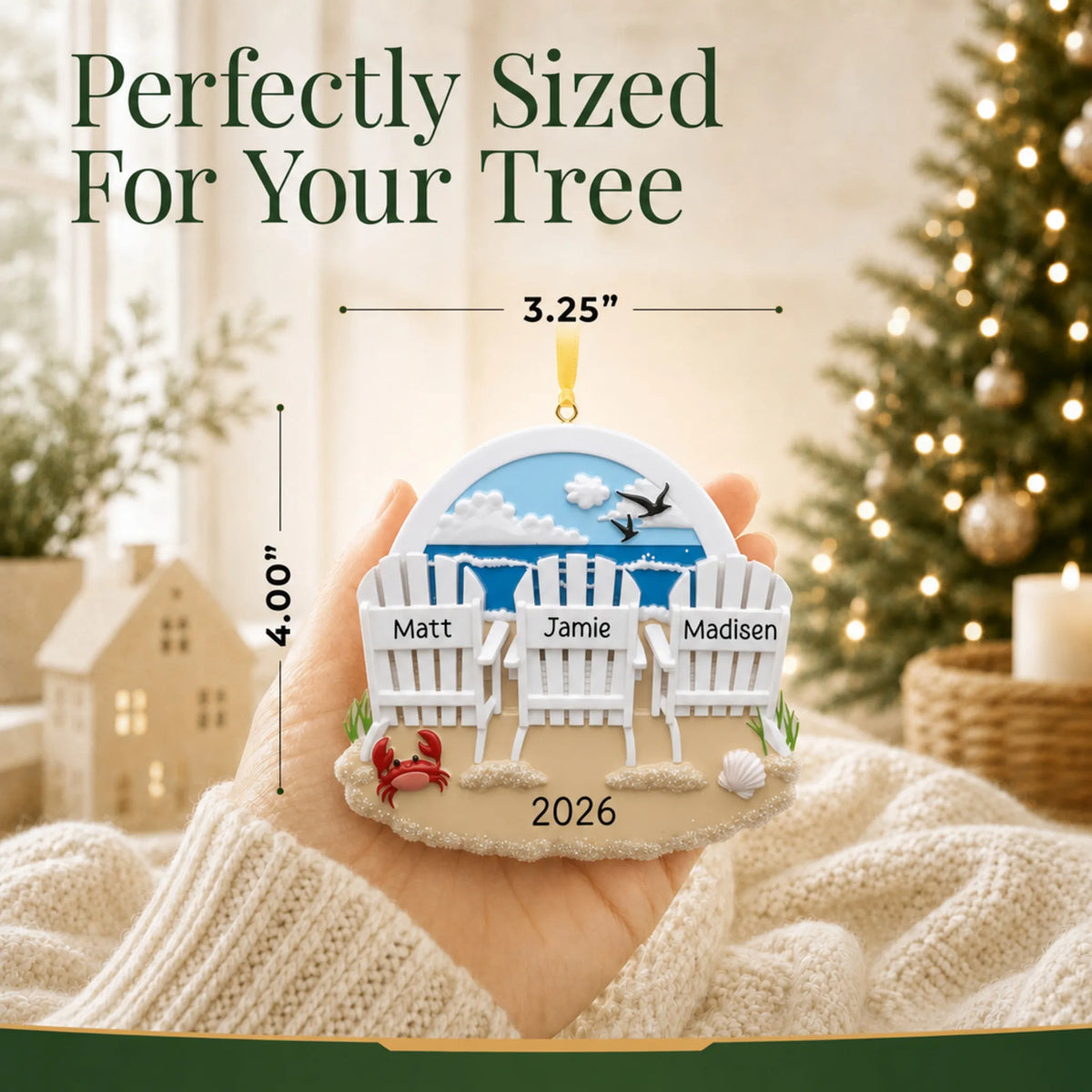 Size guide: the personalized beach chair family of 3 christmas ornament is 3.25 in wide by 4.00 in tall, shown in hand
