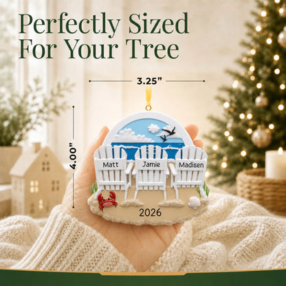 Size guide: the personalized beach chair family of 3 christmas ornament is 3.25 in wide by 4.00 in tall, shown in hand