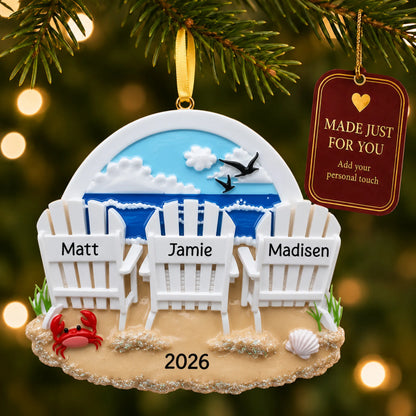 Beach chair family of 3 christmas ornament hanging on a lit Christmas tree with a Made Just For You gift tag