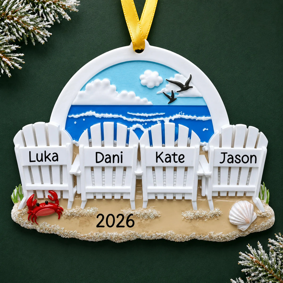 Personalized beach chair family of 4 christmas ornament on a dark green pine background