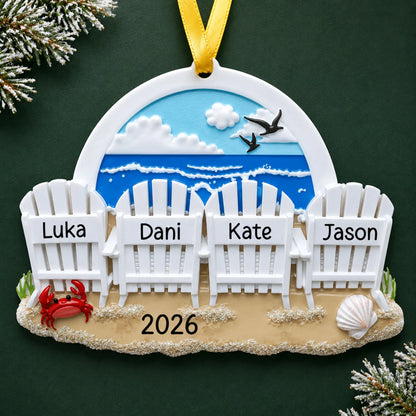 Personalized beach chair family of 4 christmas ornament on a dark green pine background