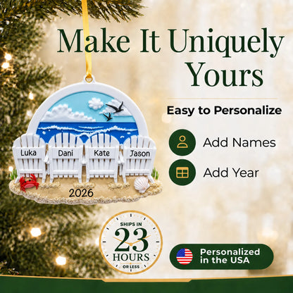 Make it yours: add names and year to the personalized beach chair family of 4 christmas ornament