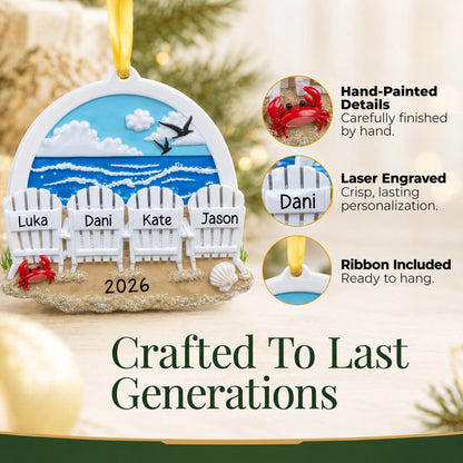 Hand-painted details and laser engraved personalization on the beach chair family of 4 christmas ornament, ribbon included