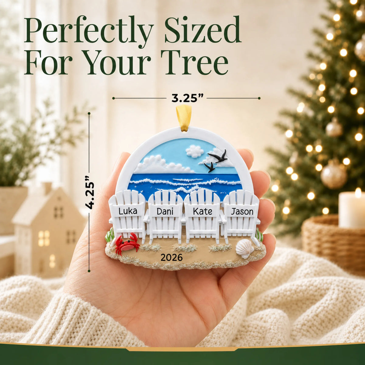 Size guide: the personalized beach chair family of 4 christmas ornament is 3.25 in wide by 4.25 in tall, shown in hand