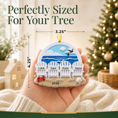 Size guide: the personalized beach chair family of 4 christmas ornament is 3.25 in wide by 4.25 in tall, shown in hand
