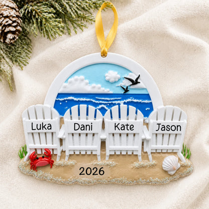 Personalized beach chair family of 4 christmas ornament laid on a soft white knit blanket