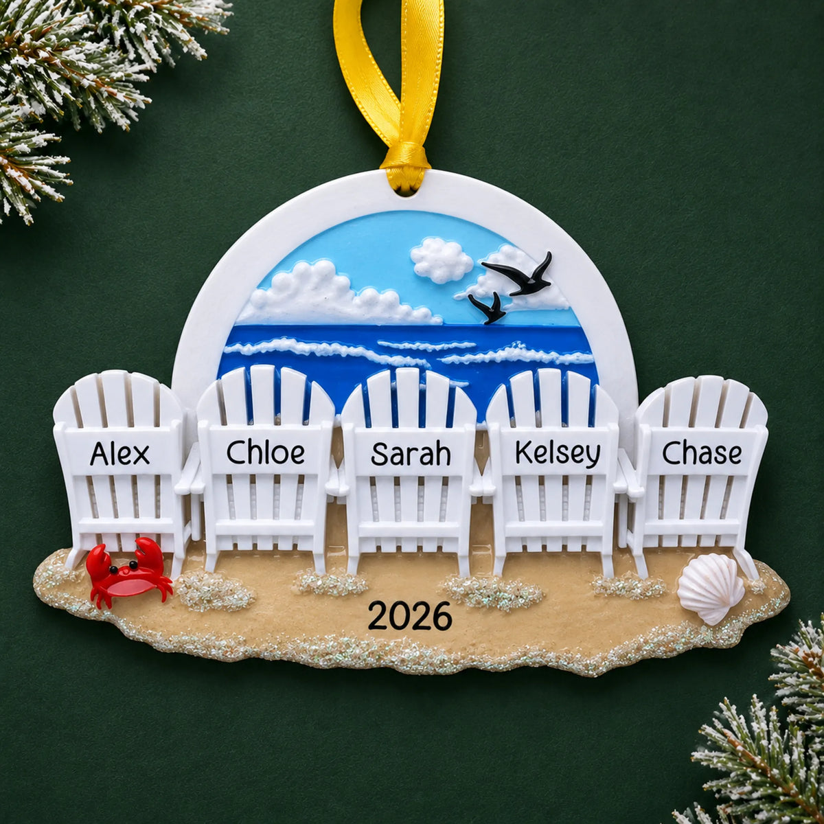 Personalized beach chair family of 5 christmas ornament on a dark green pine background