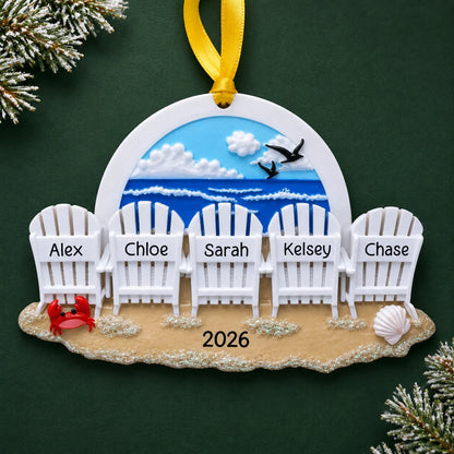 Personalized beach chair family of 5 christmas ornament on a dark green pine background