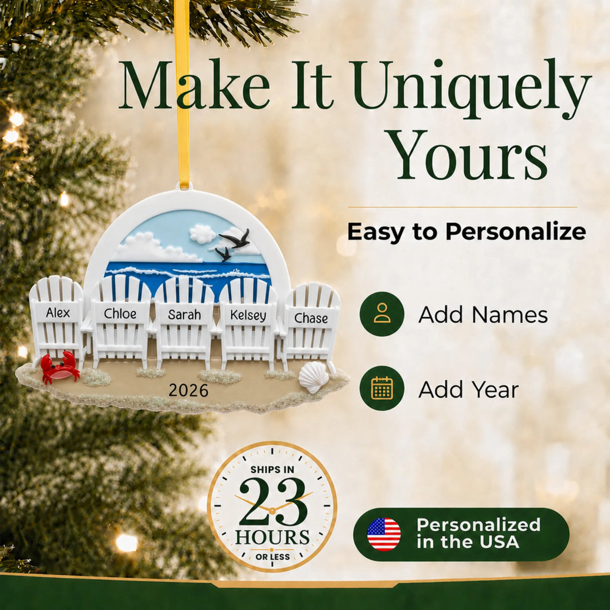 Make it yours: add names and year to the personalized beach chair family of 5 christmas ornament