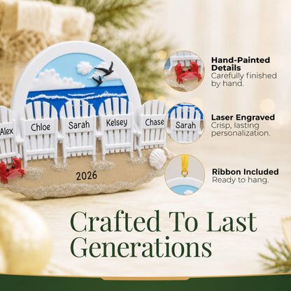 Hand-painted details and laser engraved personalization on the beach chair family of 5 christmas ornament, ribbon included