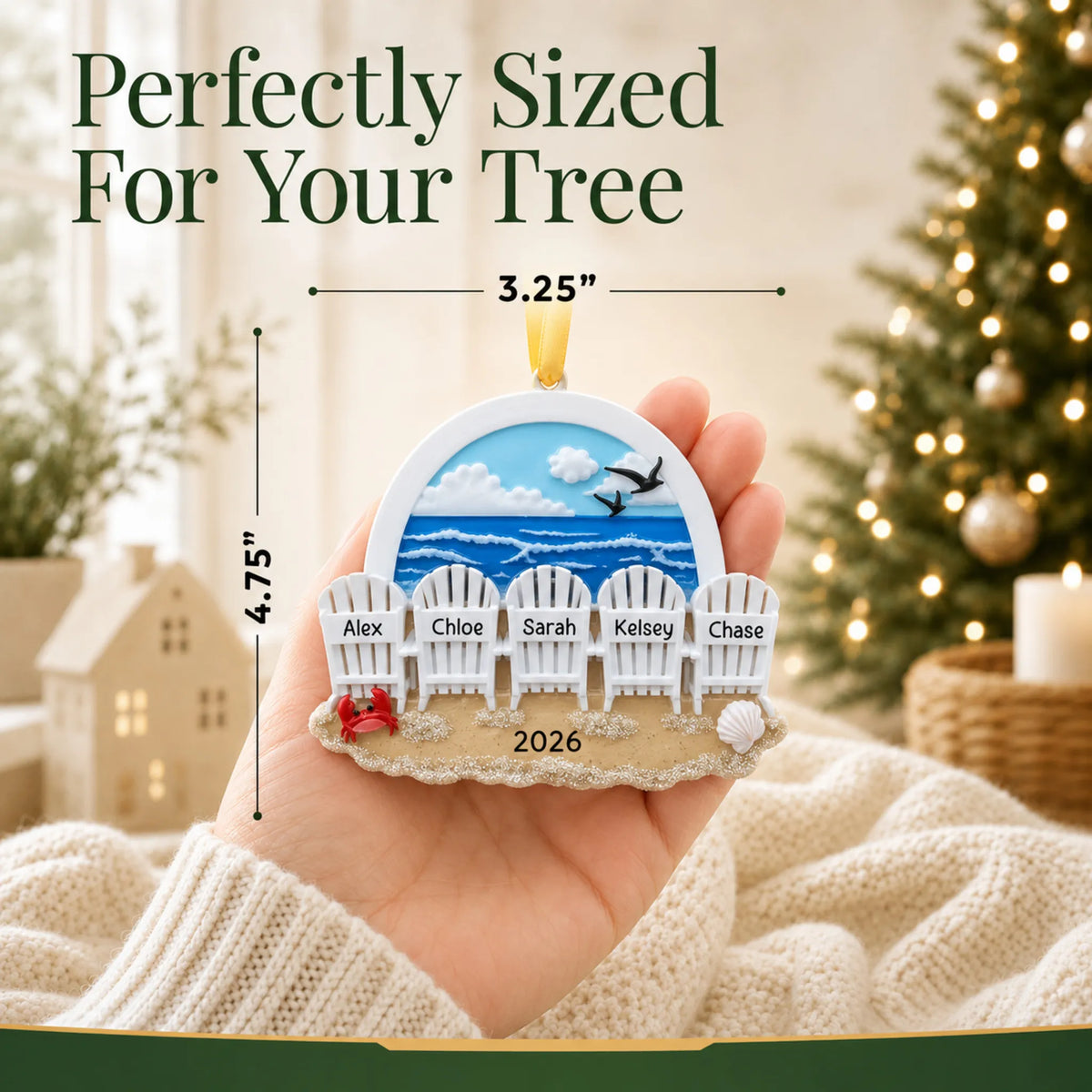 Size guide: the personalized beach chair family of 5 christmas ornament is 3.25 in wide by 4.75 in tall, shown in hand