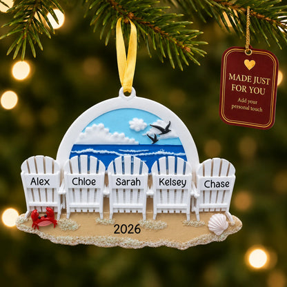 Beach chair family of 5 christmas ornament hanging on a lit Christmas tree with a Made Just For You gift tag