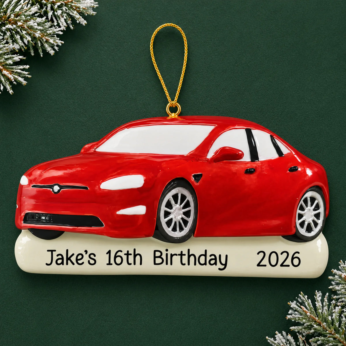 Personalized Red Sports Car christmas ornament on a dark green pine background