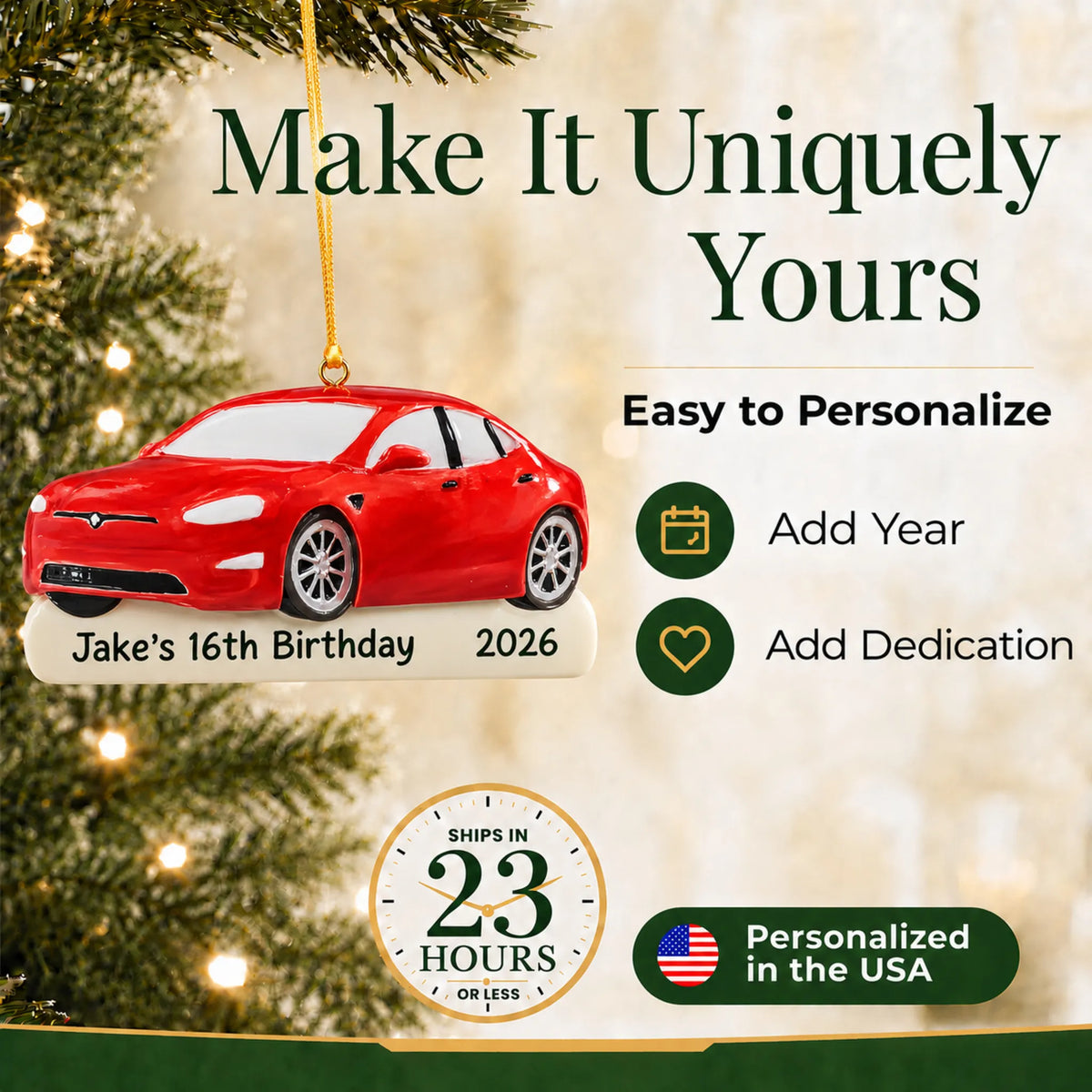 Make it yours: personalize the Red Sports Car christmas ornament