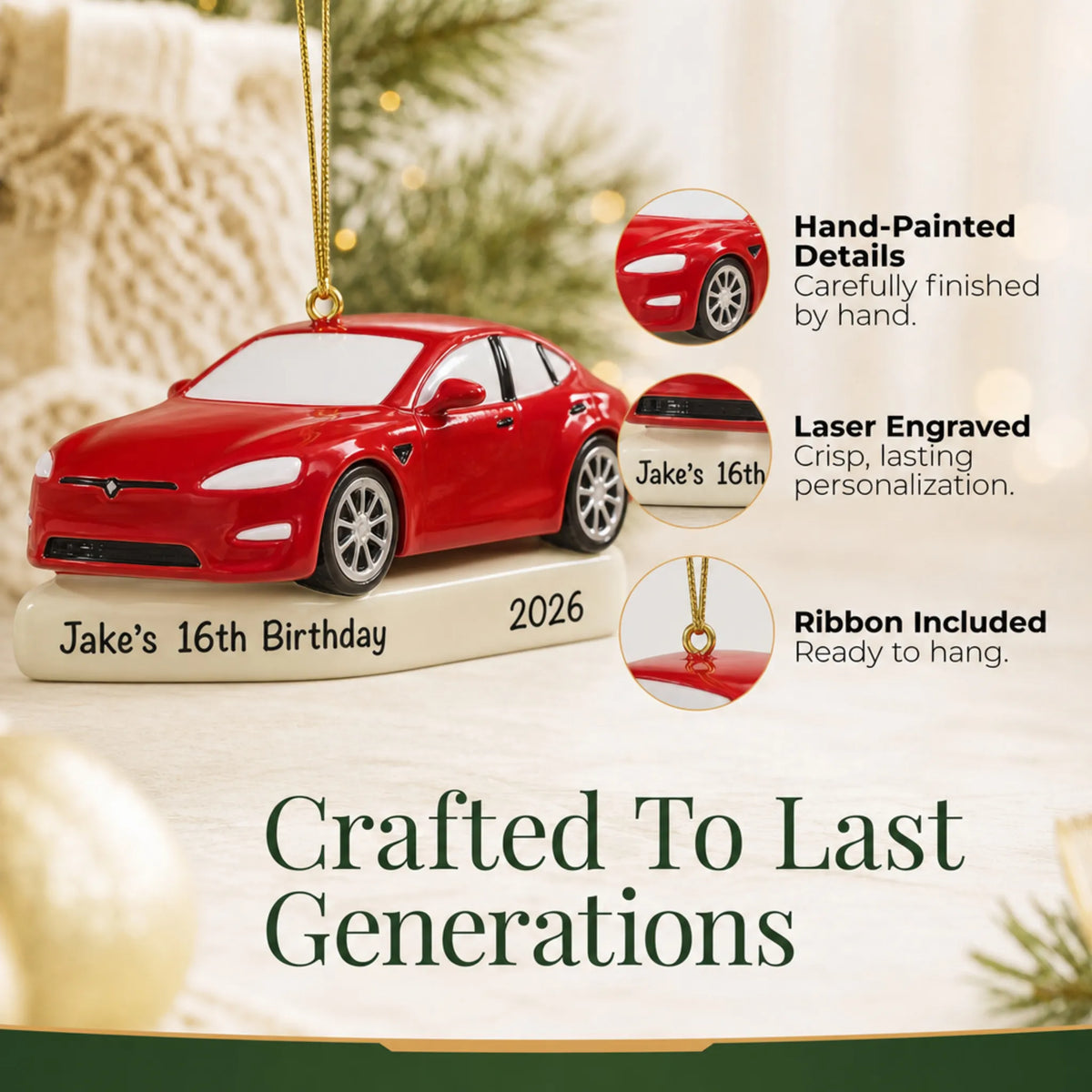 Hand-painted details and laser engraved personalization on the Red Sports Car christmas ornament, ribbon included