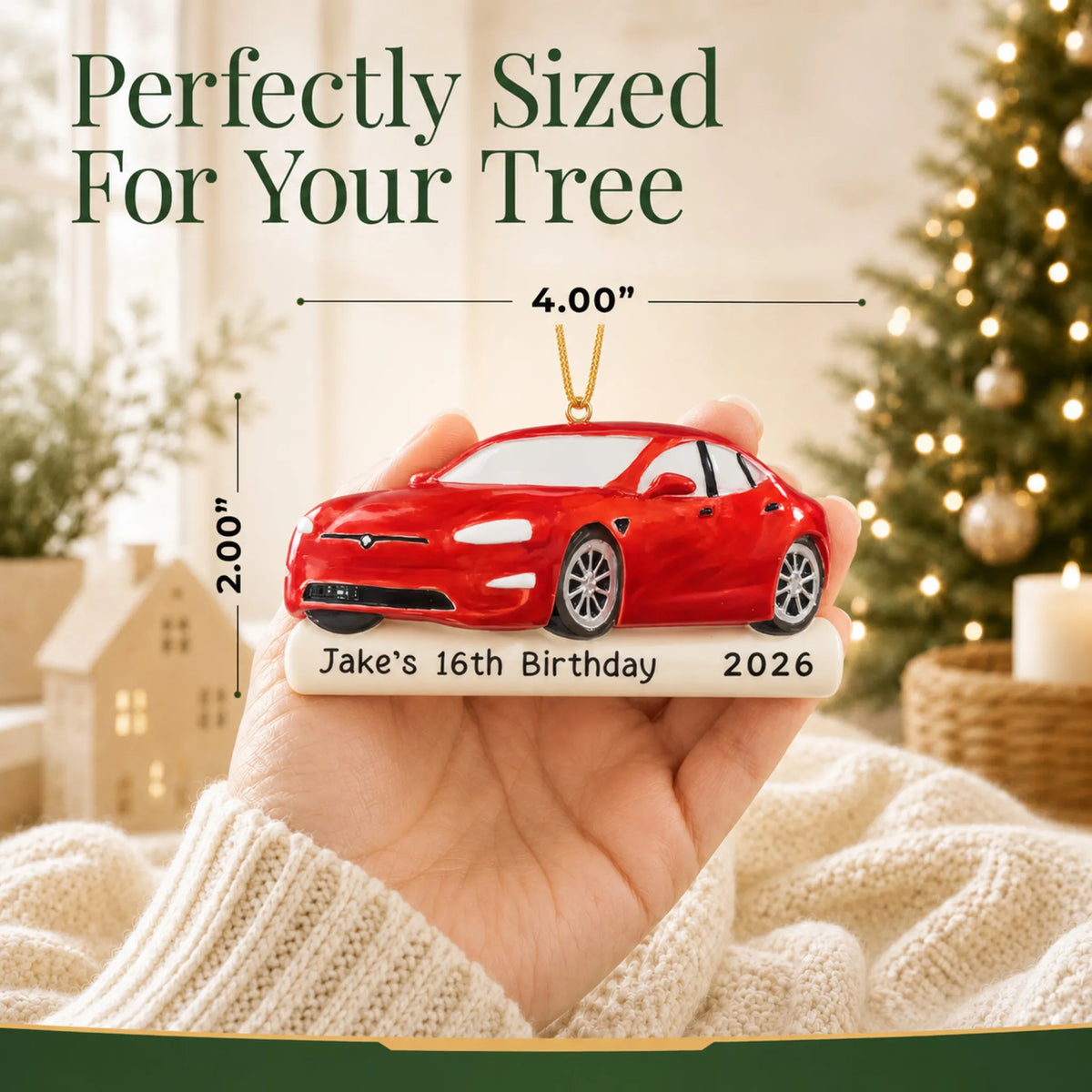 Size guide: the personalized Red Sports Car christmas ornament is 4.00 in wide by 2.00 in tall, shown in hand