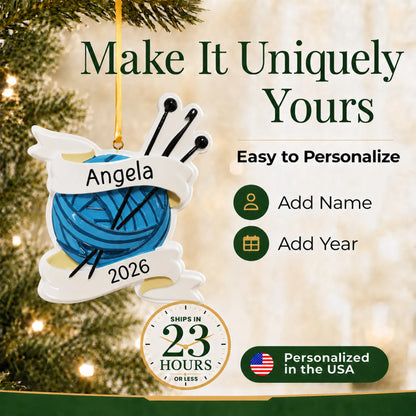 Make it yours: add name and year to the personalized knitting yarn and needles christmas ornament