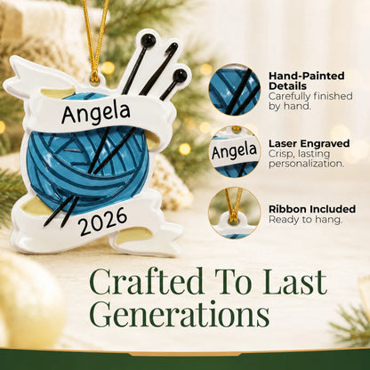 Hand-painted details and laser engraved personalization on the knitting yarn and needles christmas ornament, ribbon included