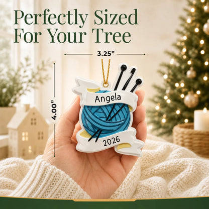 Size guide: the personalized knitting yarn and needles christmas ornament is 3.25 in wide by 4.00 in tall, shown in hand