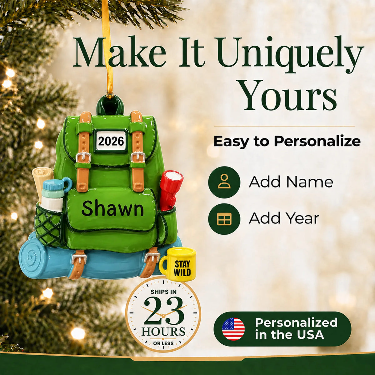 Make it yours: personalize the hiking backpack christmas ornament