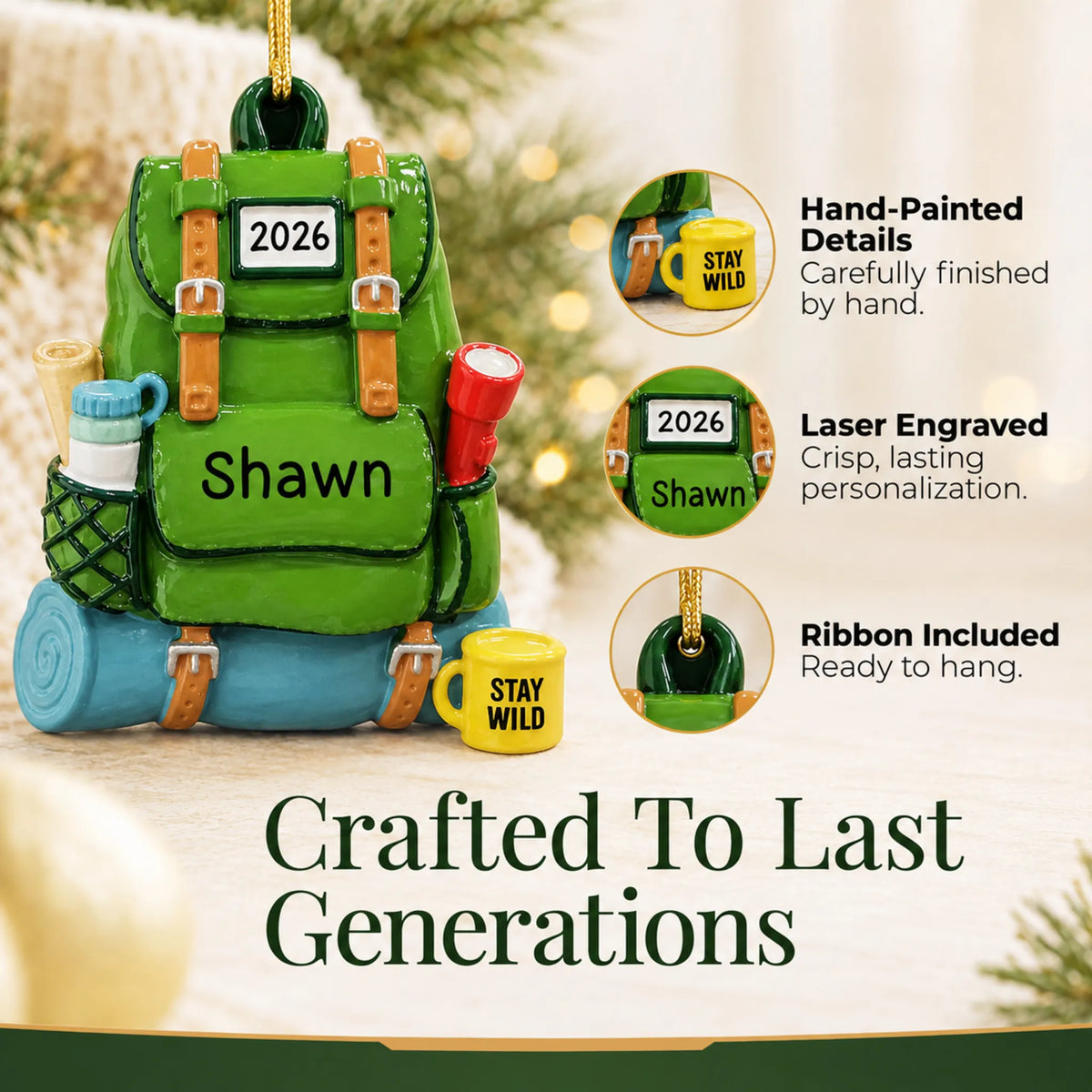 Hand-painted details and laser engraved personalization on the hiking backpack christmas ornament, ribbon included