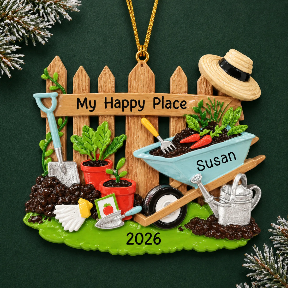 Personalized gardener christmas ornament on a dark green pine background