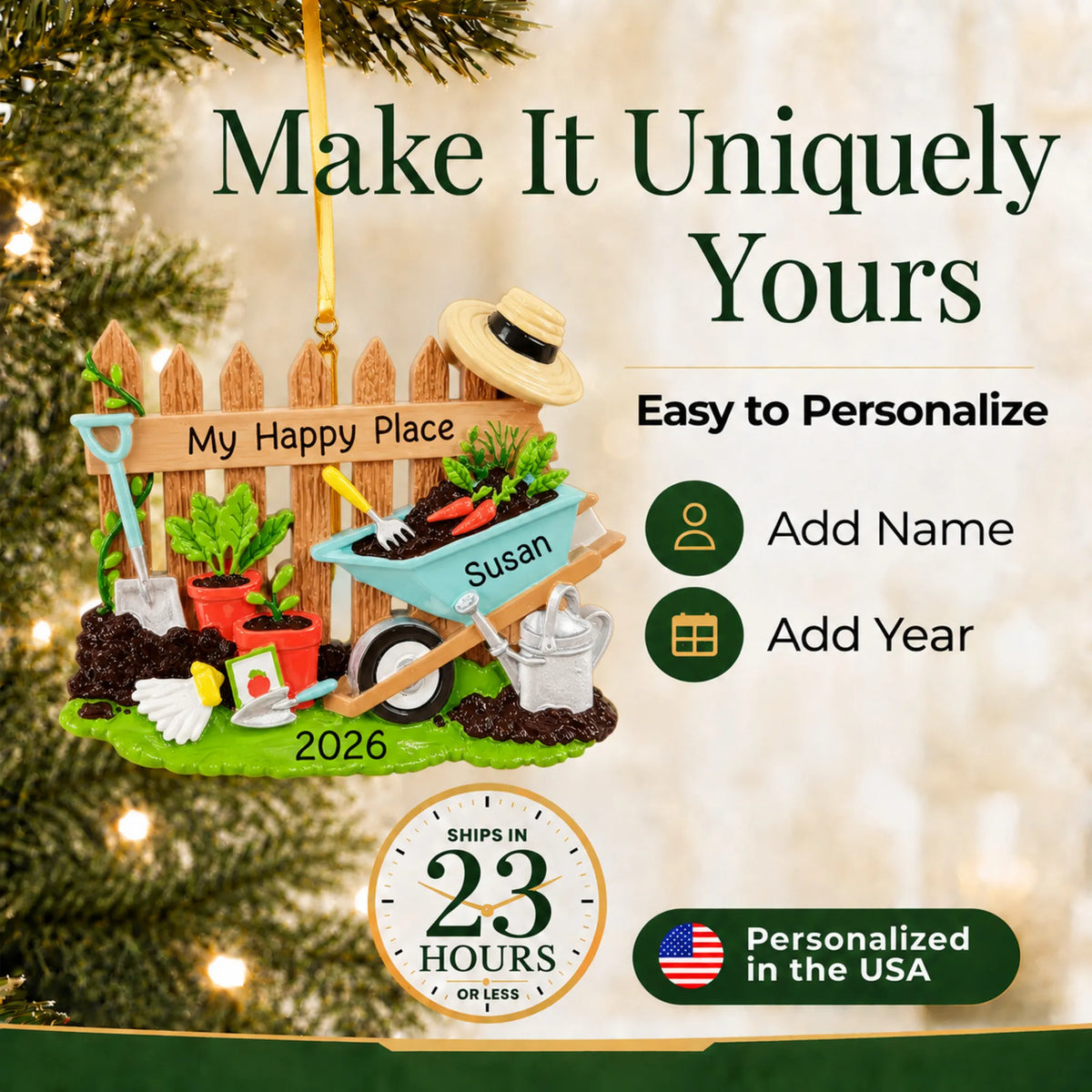 Make it yours: add name and year to the personalized gardener christmas ornament