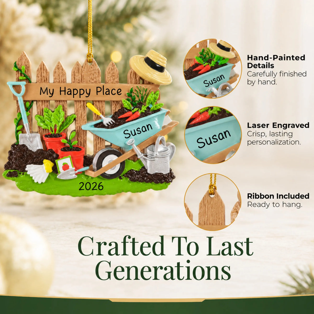 Hand-painted details and laser engraved personalization on the gardener christmas ornament, ribbon included