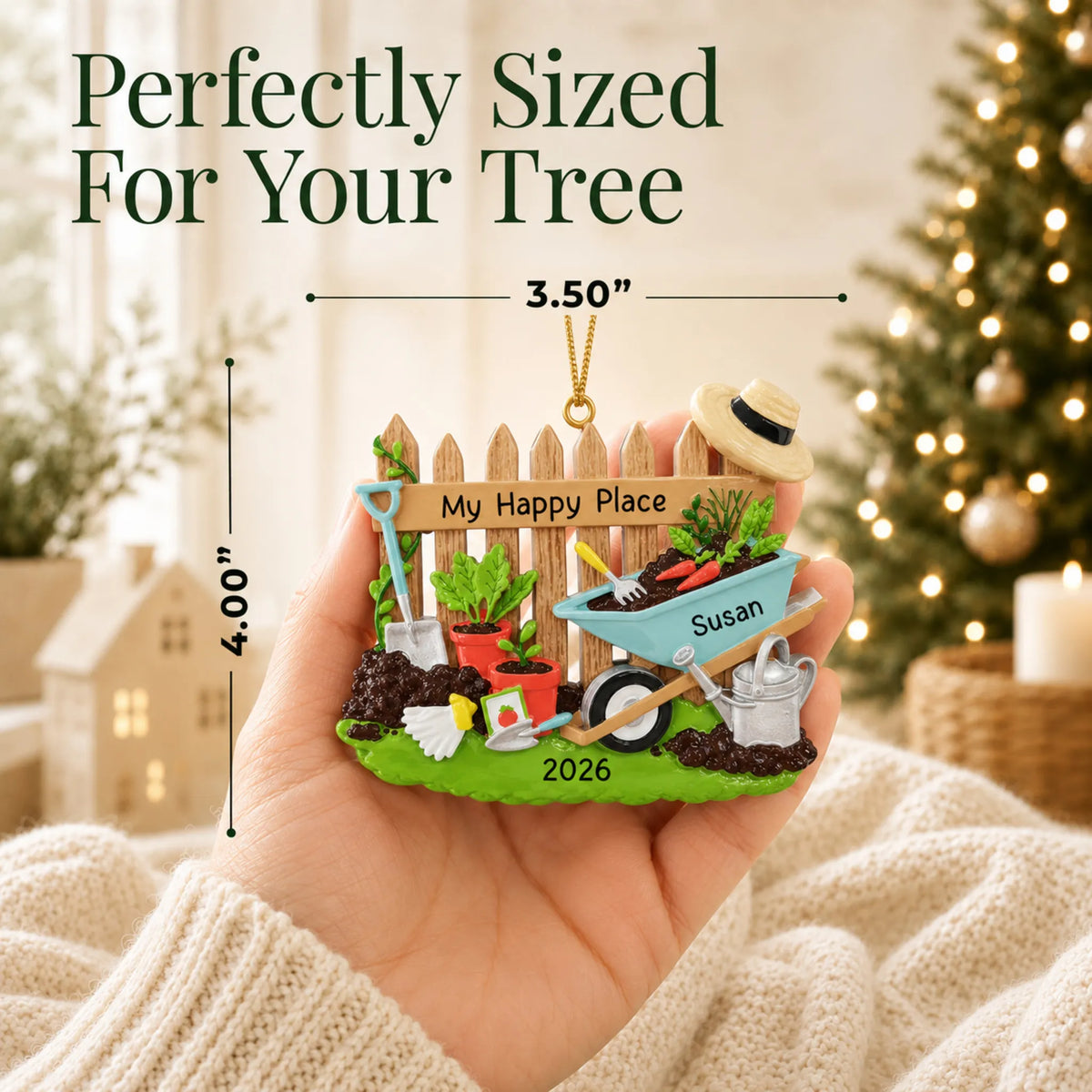 Size guide: the personalized gardener christmas ornament is 3.50 in wide by 4.00 in tall, shown in hand