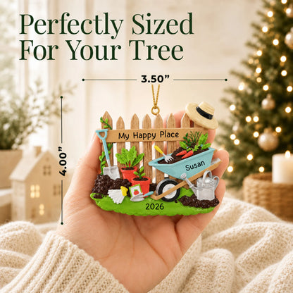 Size guide: the personalized gardener christmas ornament is 3.50 in wide by 4.00 in tall, shown in hand