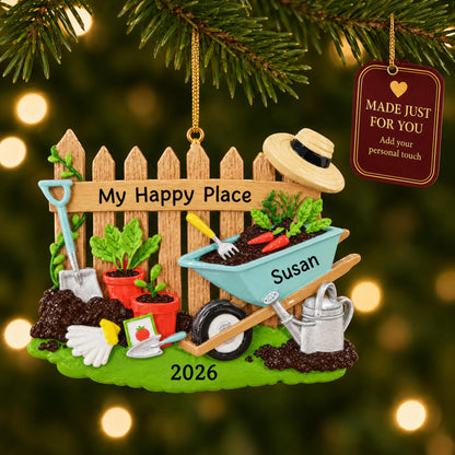 Gardener christmas ornament hanging on a lit Christmas tree with a Made Just For You gift tag