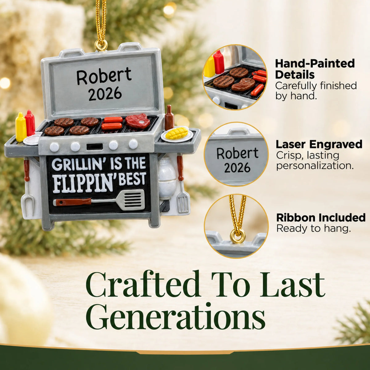 Hand-painted details and laser engraved personalization on the BBQ Grilling christmas ornament, ribbon included