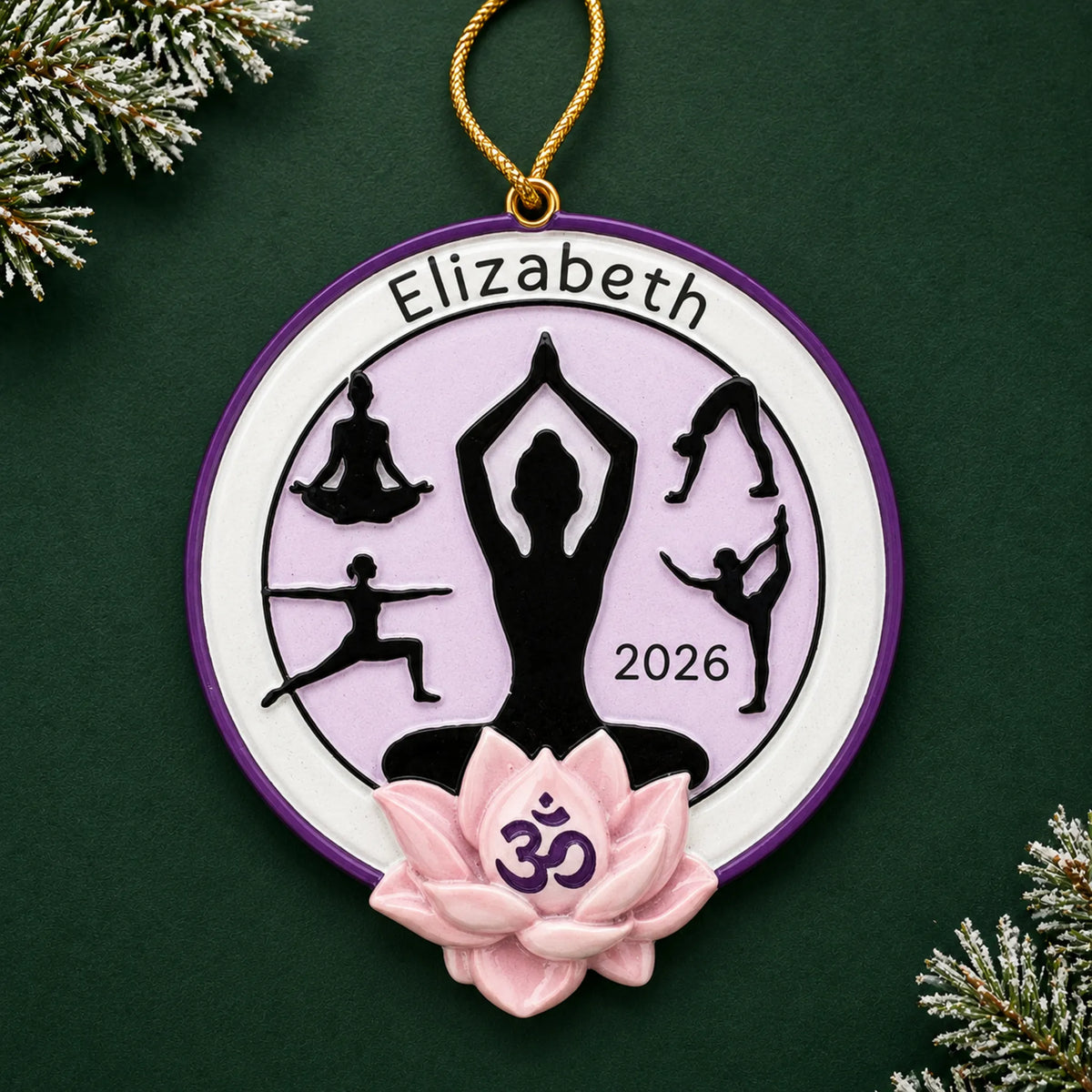 Personalized yoga pose christmas ornament on a dark green pine background